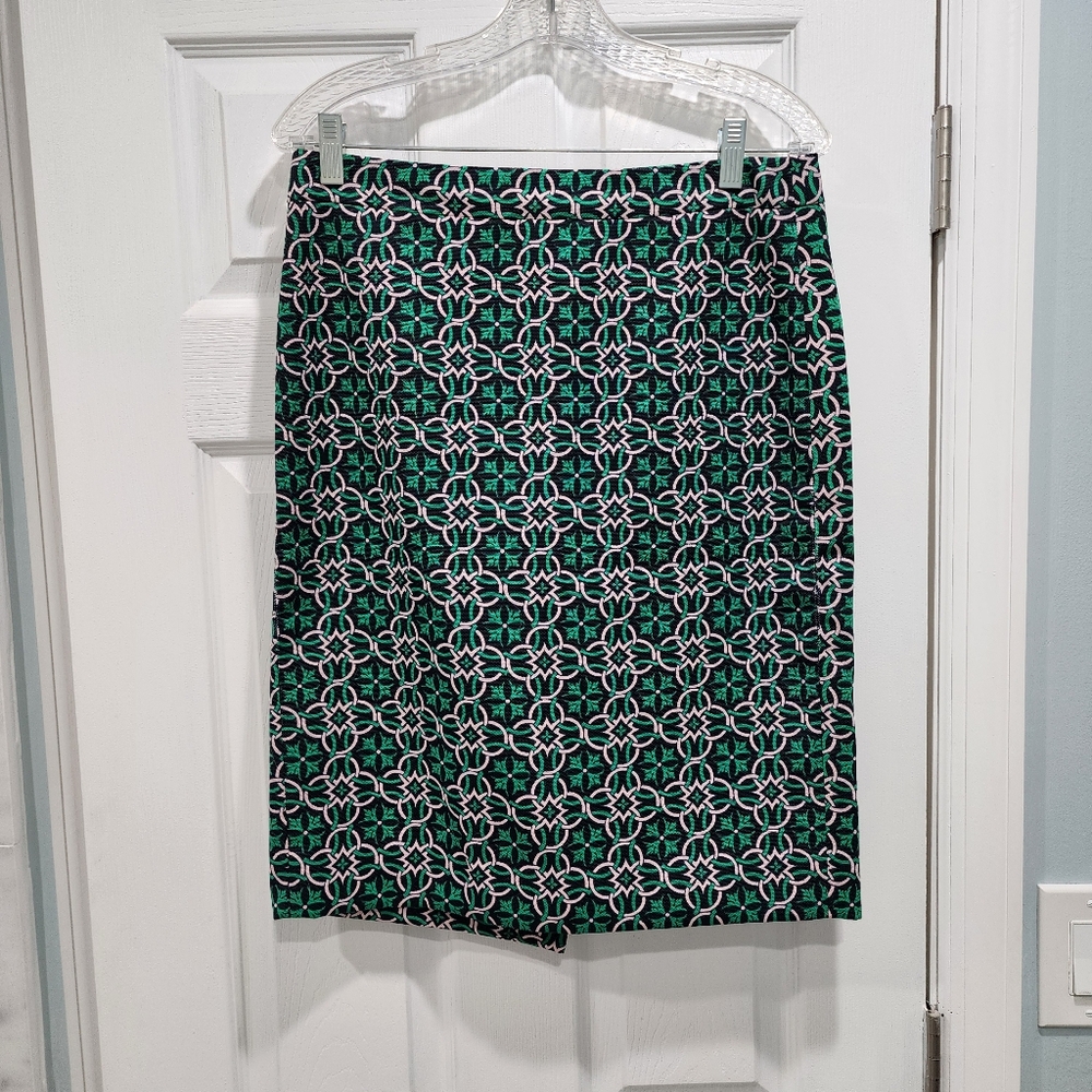 J.Crew Skirt Pencil Green Navy Blue Lattice Medallion Knee Length Career Size 6